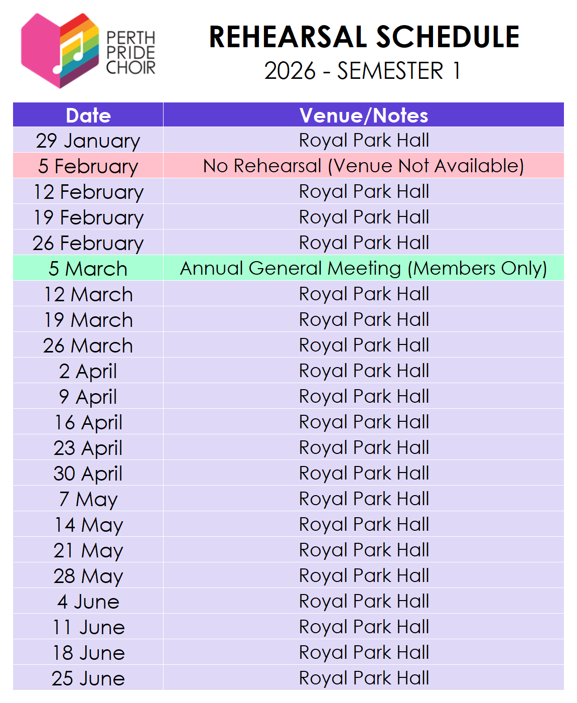 Rehearsal Schedule - 2026 - Semester 1